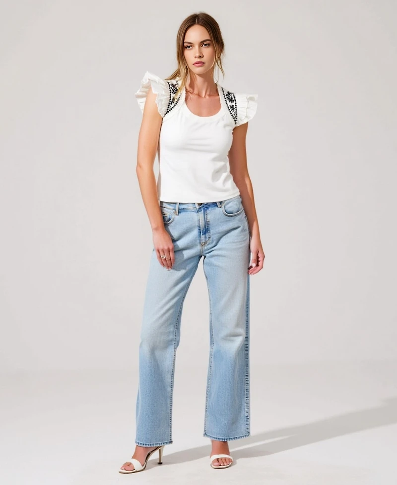 Modenaire Women's Ruffled Cap Sleeve Embroidered Knit Top