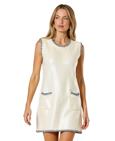 Modenaire Women's Sequin Knit Sleeveless Mini Dress with Contrast Trim and Pockets
