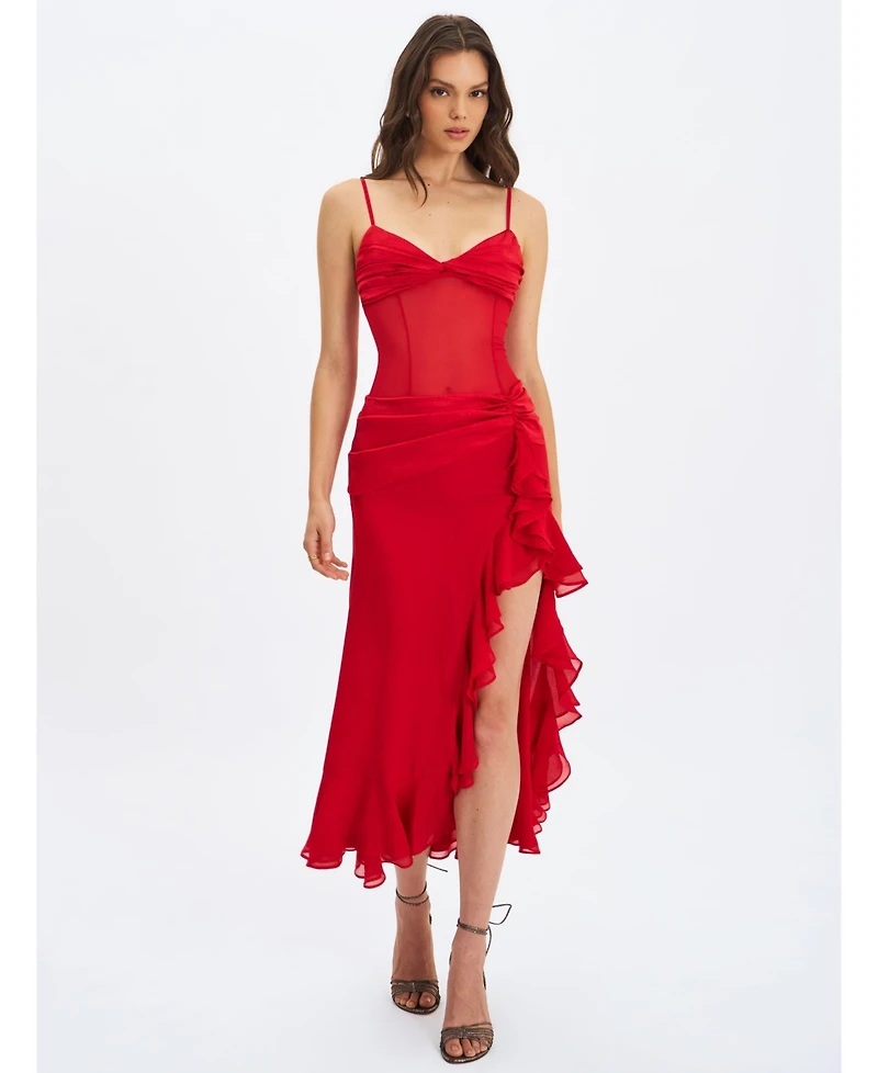 Miss Circle Women's Dahlina Red Ruched Waist High Slit Maxi Dress