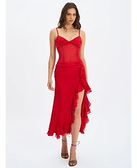 Miss Circle Women's Dahlina Red Ruched Waist High Slit Maxi Dress