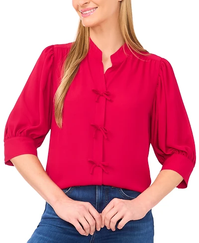 CeCe Women's Mutton Sleeve Bow Placket Top