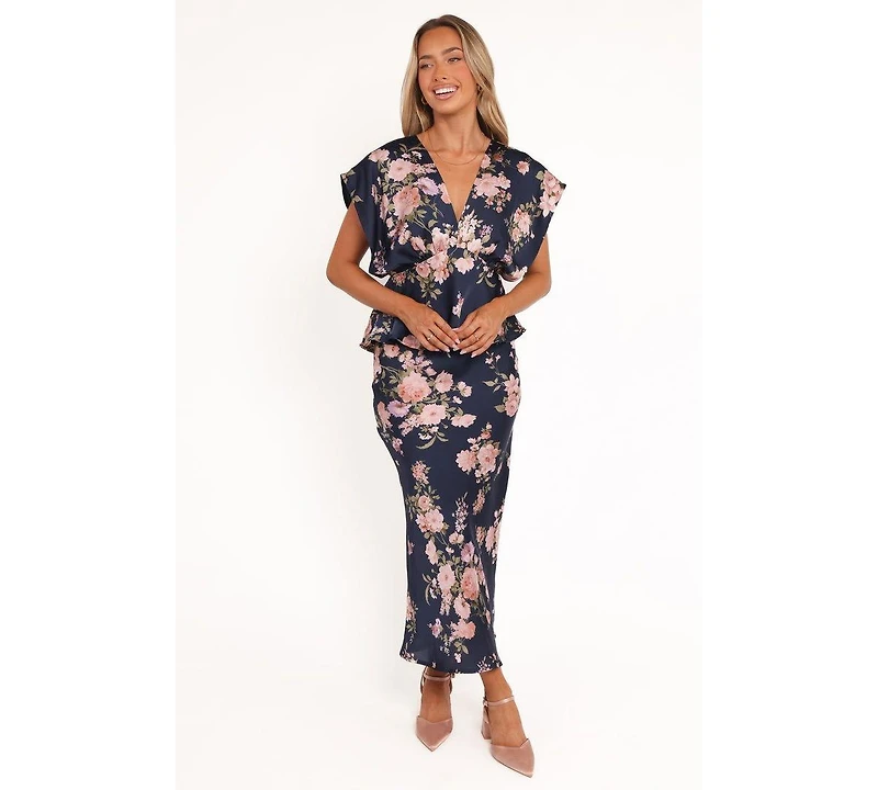 Petal and Pup Women's Kenna Satin Midi Skirt - Navy Floral Xl