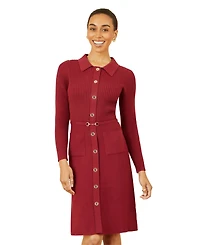 Yumi Women's Belted Rib Knit Midi Dress With Pockets