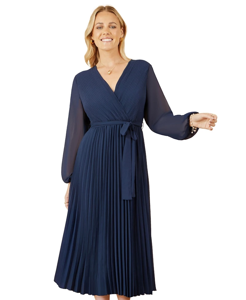 Yumi Women's Long Sleeved Pleated Midi Wrap Dress