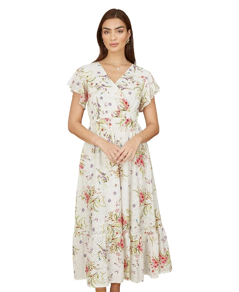 Yumi Women's Floral Broderie Anglaise Wrap Midi Dress