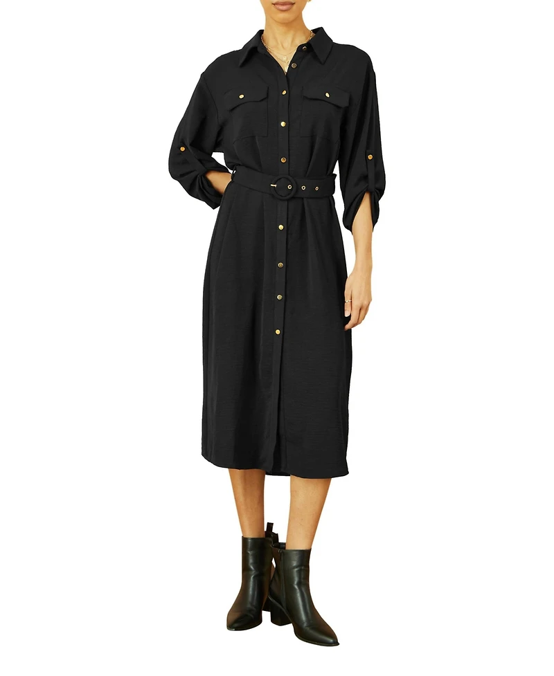Yumi Women's 3/4 Sleeve Belted Midi Shirt Dress