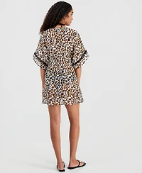 Miken Juniors' Leaf-Trim Leopard-Print Cover-Up Kimono, Macy's Exclusive