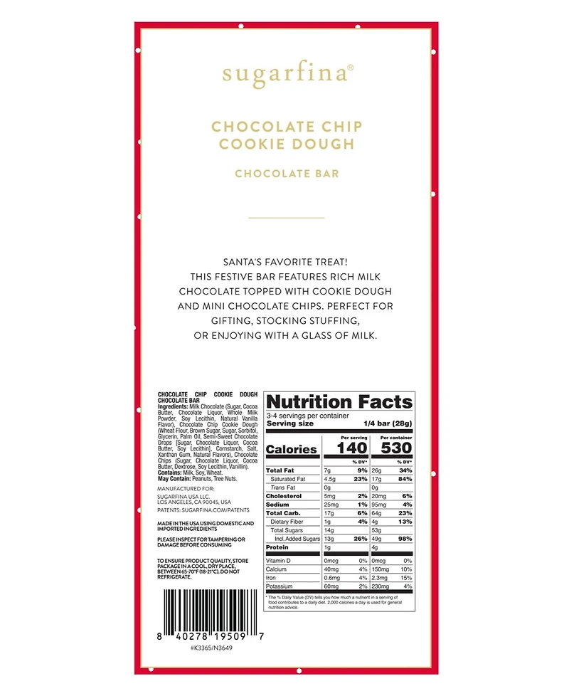 Sugarfina Holiday Chocolate Chip Cookie Dough Milk Chocolate Bar Kit, 4 Piece