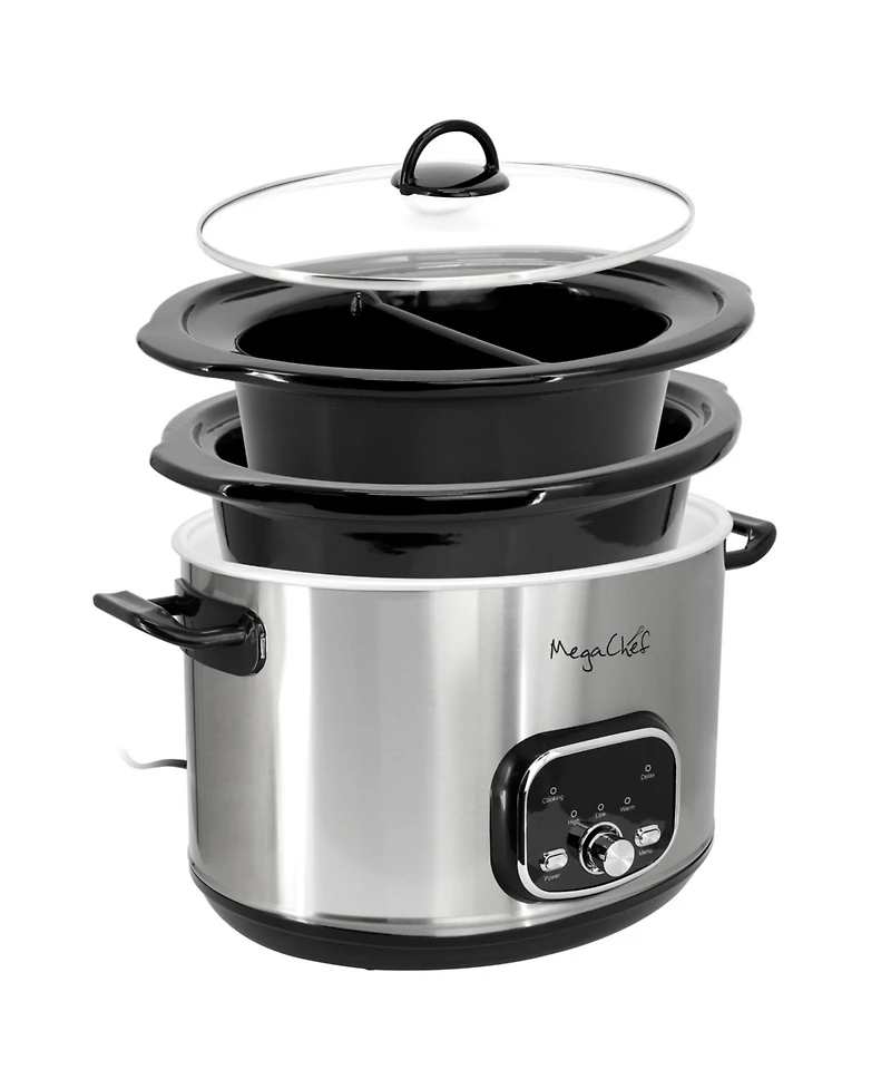 MegaChef 5.6Liter + 2.5 Liter Split Stainless Steel Electric Slow Cooker in SIlver