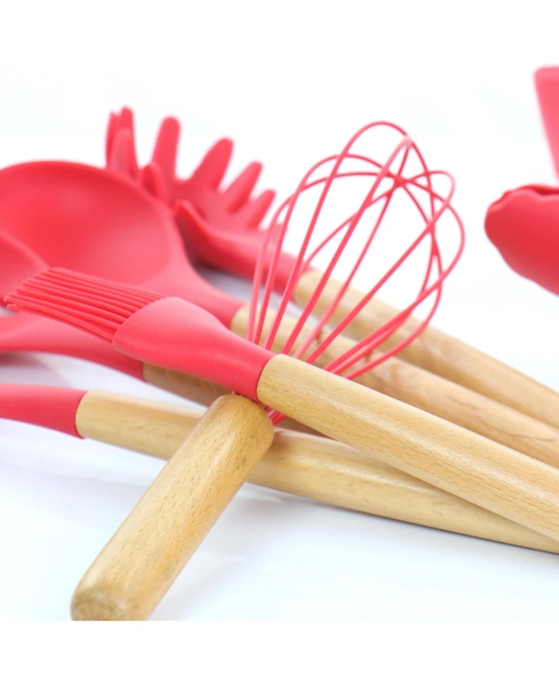 MegaChef Red Silicone and Wood Cooking Utensils, Set of 12