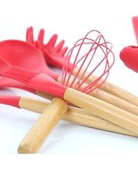 MegaChef Red Silicone and Wood Cooking Utensils, Set of 12