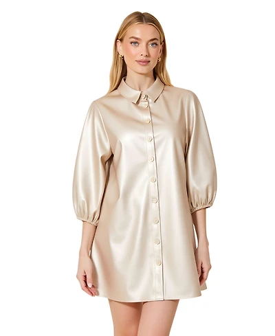 Modenaire Women's Satin Button-Front Collared Puff-Sleeve Shirt Dress