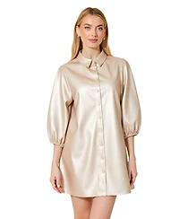 Modenaire Women's Satin Button-Front Collared Puff-Sleeve Shirt Dress