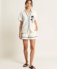 Modenaire Women's Embroidered Button-Down Shirt and Short Set