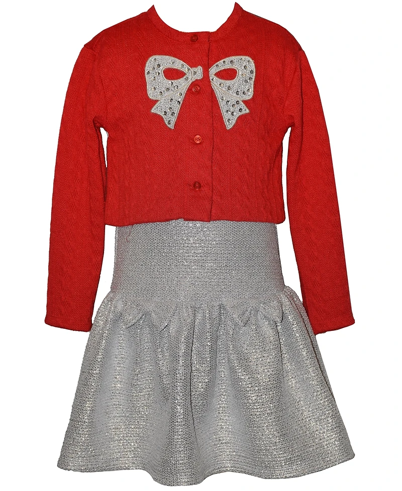 Bonnie Jean Girls 2T-6X 2-Piece Foiled Knit Dress and Bow Cardigan Set