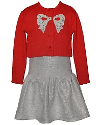 Bonnie Jean Girls 2T-6X 2-Piece Foiled Knit Dress and Bow Cardigan Set
