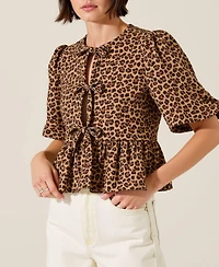 Modenaire Women's Leopard-Print Front-Tie Puff-Sleeve Peplum Top