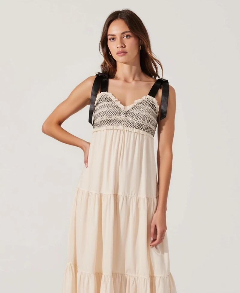 Modenaire Women's Smocked Lace-Trim Maxi Dress with Satin Bow-Tie Straps