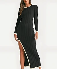 Modenaire Women's Ribbed Knit Long Sleeve Contrast Trim Midi Dress
