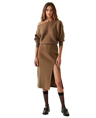 Modenaire Women's Rib Knit One Shoulder Dolman Midi Sweater Dress
