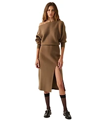 Modenaire Women's Rib Knit One Shoulder Dolman Midi Sweater Dress