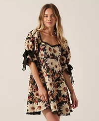 Modenaire Women's Jacquard Floral Puff-Sleeve Chiffon-Trim Mini Dress