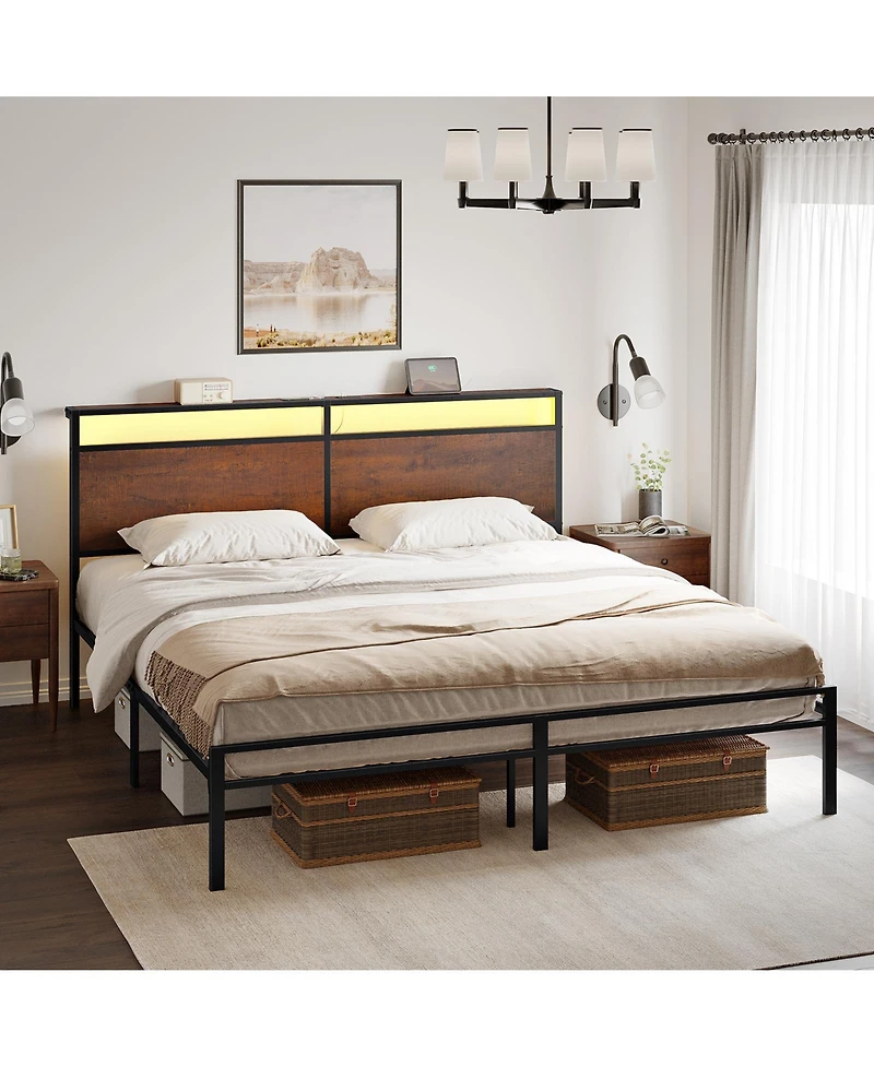 Hausource Industrial King Size Bed Frame with Storage Led Headboard, Charging Station, No Box Spring Needed