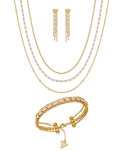 Guess 3-Pc. Cubic Zirconia Gold-Tone Multi-Chain Necklace, Drop Earrings, and Bracelet Set