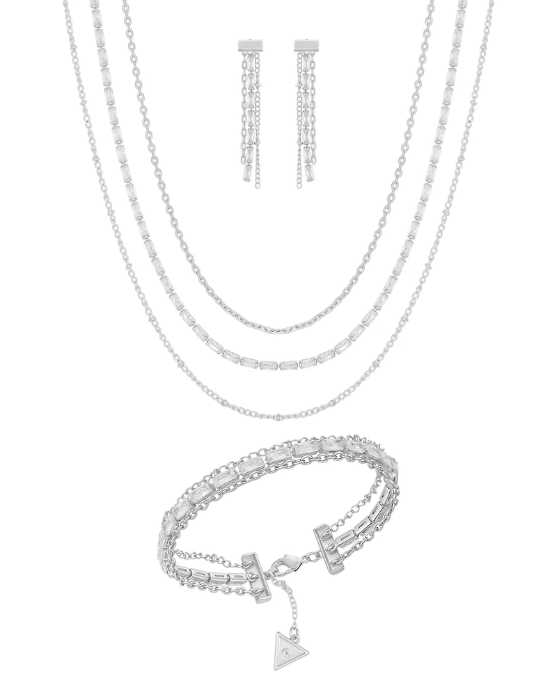 Guess 3-Pc. Cubic Zirconia Gold-Tone Multi-Chain Necklace, Drop Earrings, and Bracelet Set