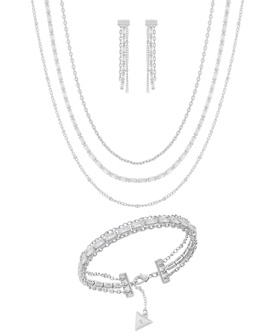 Guess 3-Pc. Cubic Zirconia Gold-Tone Multi-Chain Necklace, Drop Earrings, and Bracelet Set