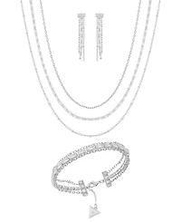 Guess 3-Pc. Cubic Zirconia Gold-Tone Multi-Chain Necklace, Drop Earrings, and Bracelet Set