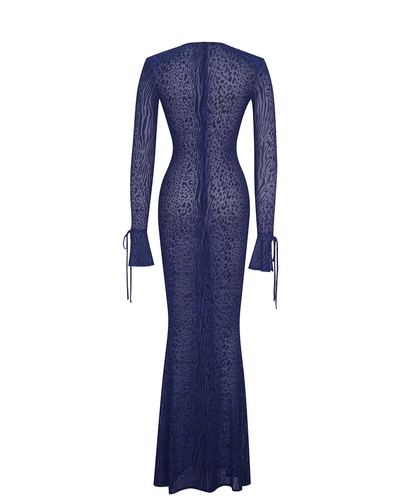 Miss Circle Women's Ilyse Navy V-Neck Plunge Animal Print Mermaid Hem Maxi Dress