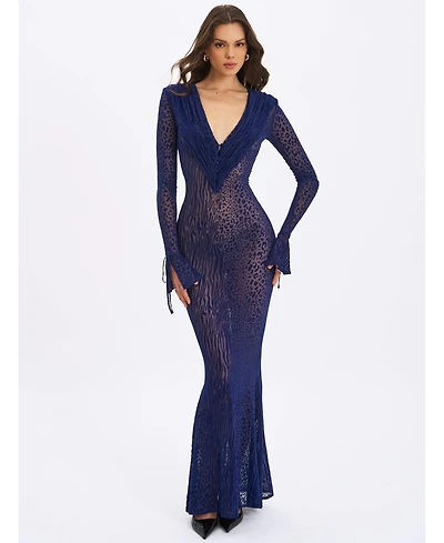 Miss Circle Women's Ilyse Navy V-Neck Plunge Animal Print Mermaid Hem Maxi Dress