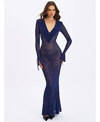 Miss Circle Women's Ilyse Navy V-Neck Plunge Animal Print Mermaid Hem Maxi Dress