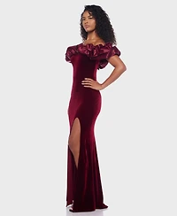 B Darlin Juniors' Velvet Ruffled Off-The-Shoulder Gown