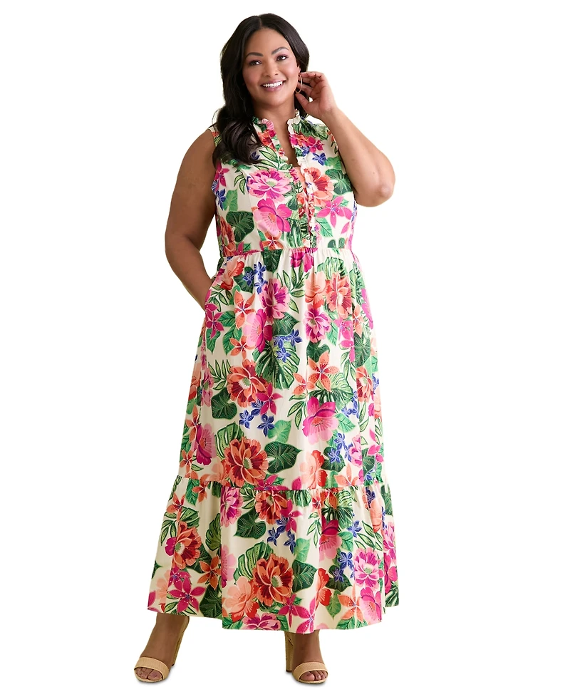 London Times Plus Ruffled-Trim Tiered Maxi Dress