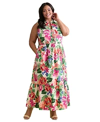 London Times Plus Ruffled-Trim Tiered Maxi Dress