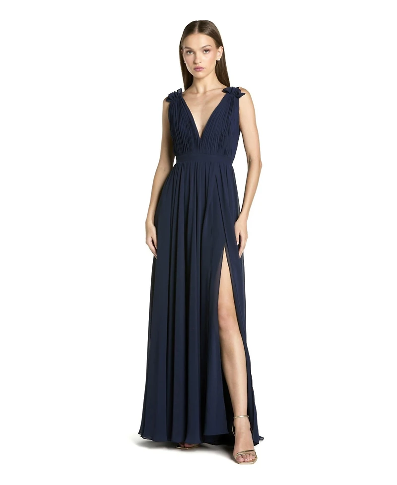 Mac Duggal Women's Sleeveless Pleated Chiffon V-Neck Gown