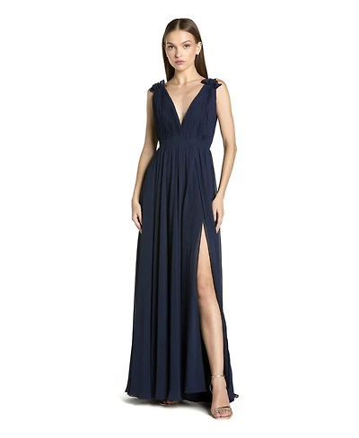 Mac Duggal Women's Sleeveless Pleated Chiffon V-Neck Gown