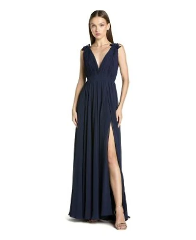 Mac Duggal Womens Ieena Pleated Chiffon Sleeveless V Neck Gown