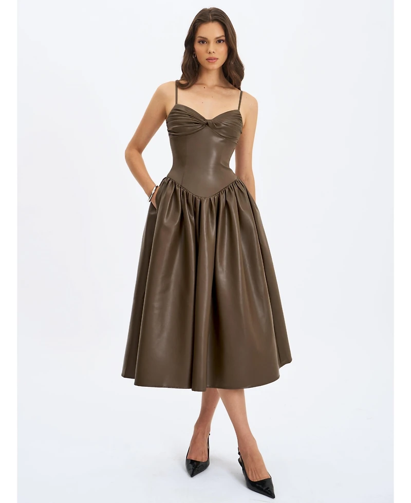 Miss Circle Women's Parisia Cocoa Faux Leather Drop Waist Maxi Dress
