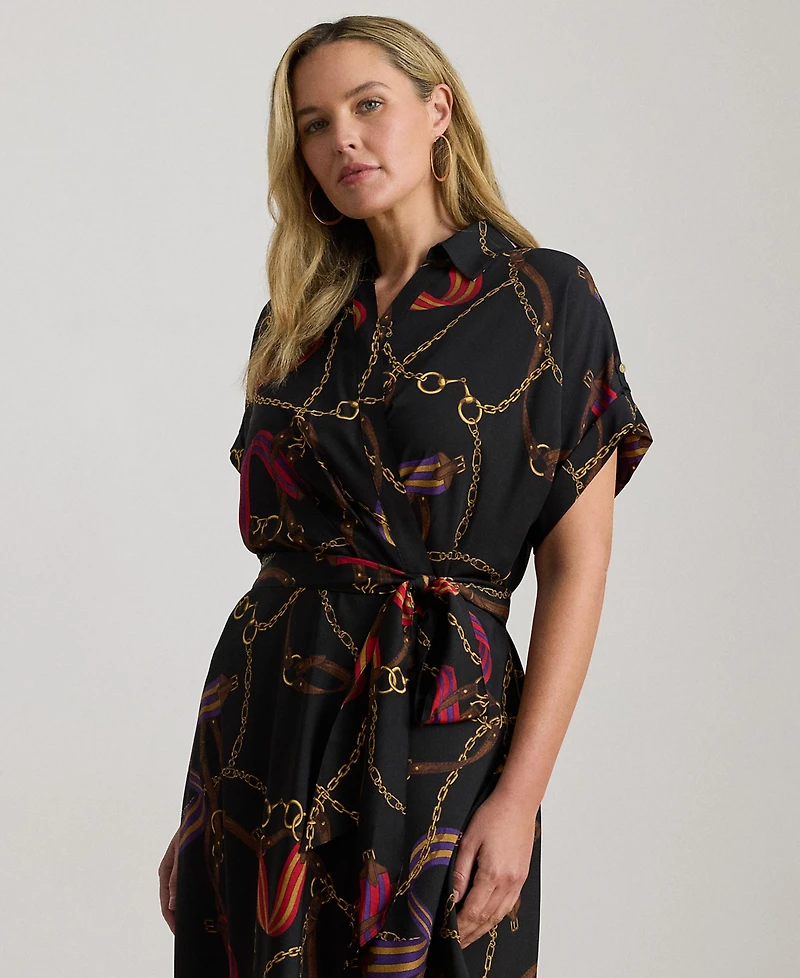Lauren Ralph Plus Belting-Print Belted Crepe Dress