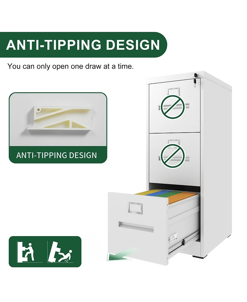 3 Drawer File Cabinet with Lock Metal Vertical File Cabinet Office Home, A4 Legal/Letter Size Narrow File Cabinet Locked