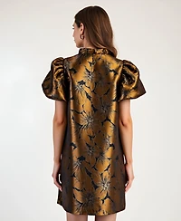 Modenaire Women's Metallic Floral Puff-Sleeve Ruffled-Collar A-Line Mini Dress