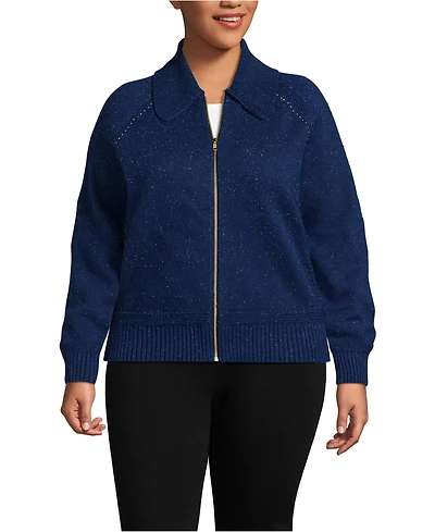 Lands' End Plus Drifter Large Collar Zip Front Cardigan Sweater