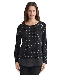 Jones New York Womens Textured Contrast Hem Top