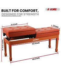 5 Core Duet Piano Bench 3.5 Inch Padded Cushioned Stool Wooden Heavy Duty Musician Chair w Storage