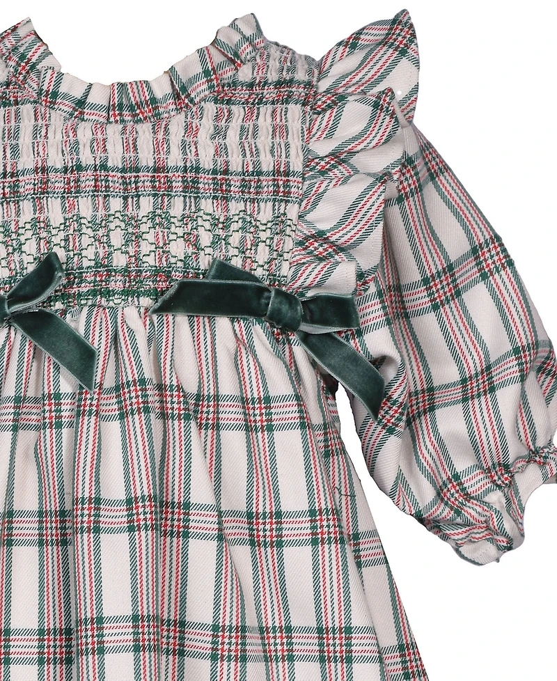 Bonnie Baby Girls 2 Piece Ruffle Neck Smocked Plaid Dress and Panty Set