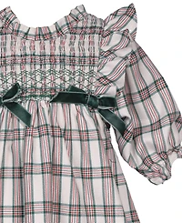 Bonnie Baby Girls 2 Piece Ruffle Neck Smocked Plaid Dress and Panty Set