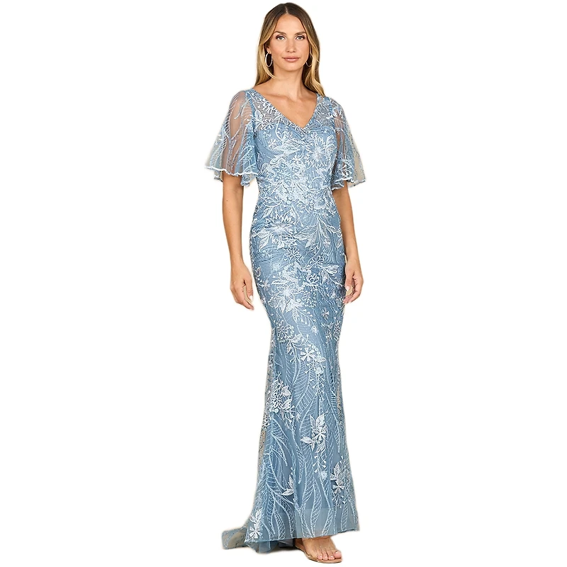 Lara Women's Overskirt Lace Fitted V-Neck Gown with Cape Sleeves